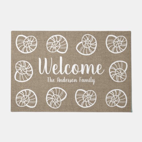 Beachy Coastal White Seashells Faux Burlap Doormat