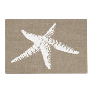 Beachy Coastal White Starfish & Faux Burlap Placemat
