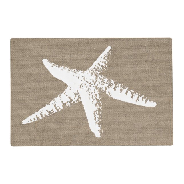 Beachy Coastal White Starfish & Faux Burlap Placemat (Front)