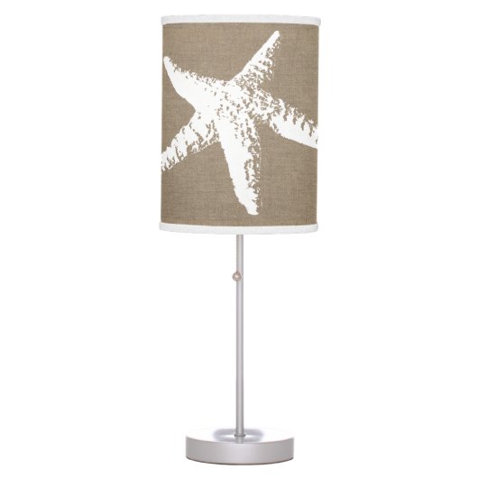 Beachy Coastal White Starfish & Faux Burlap Table Lamp (Front)