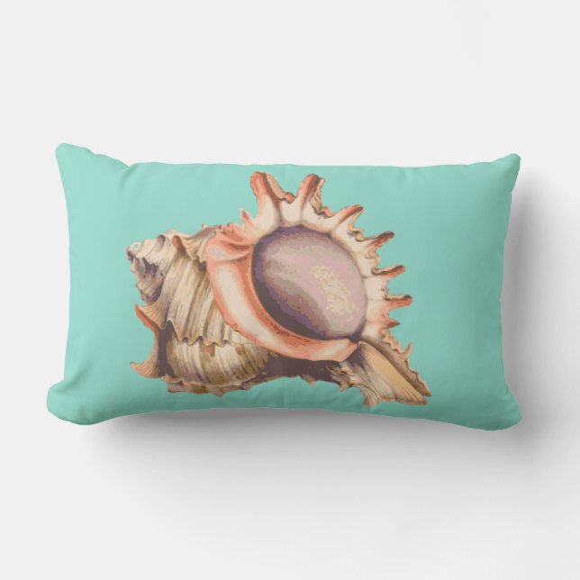 Beachy Conch Shell & Sea Glass Green Lumbar Pillow (Front)
