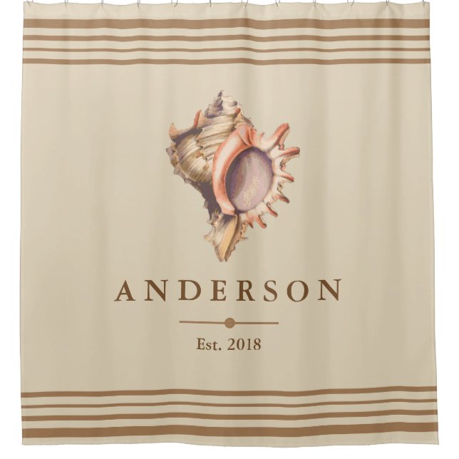 Beachy Conch Shell & Taupe | Personalized Shower Curtain (Front)
