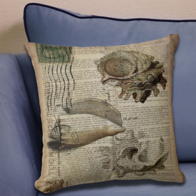 beachy dictionary print modern vintage seashell throw pillow (beachy dictionary print modern vintage seashell throw pillow)