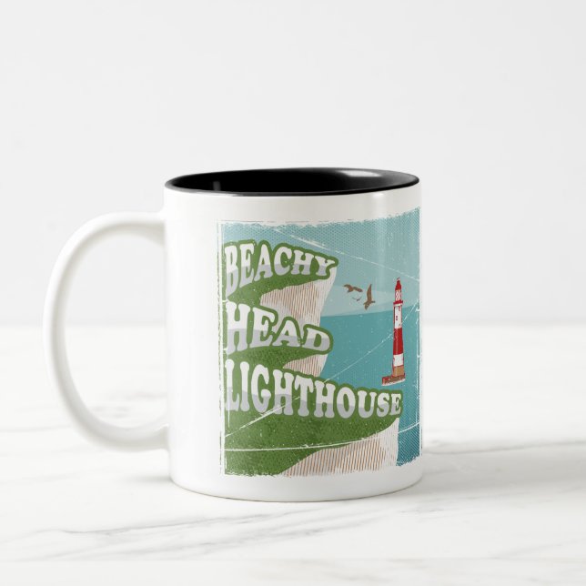 Beachy head lighthouse retro poster Two-Tone coffee mug (Left)