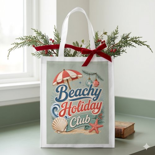 Beachy Holiday Club Retro Coastal Christmas Grocery Bag