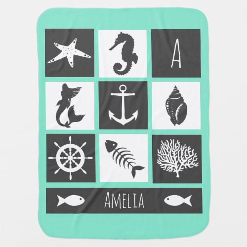 Beachy Nautical Mermaid Motif  Name Baby Blanket