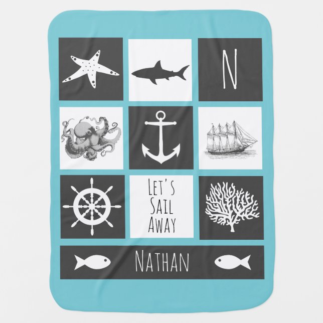 Beachy Nautical Motif & Name Baby Blanket (Front)