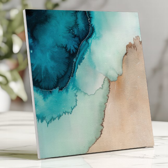 Beachy Ocean Blue and Sand Watercolor Ceramic Tile (Creator Uploaded)