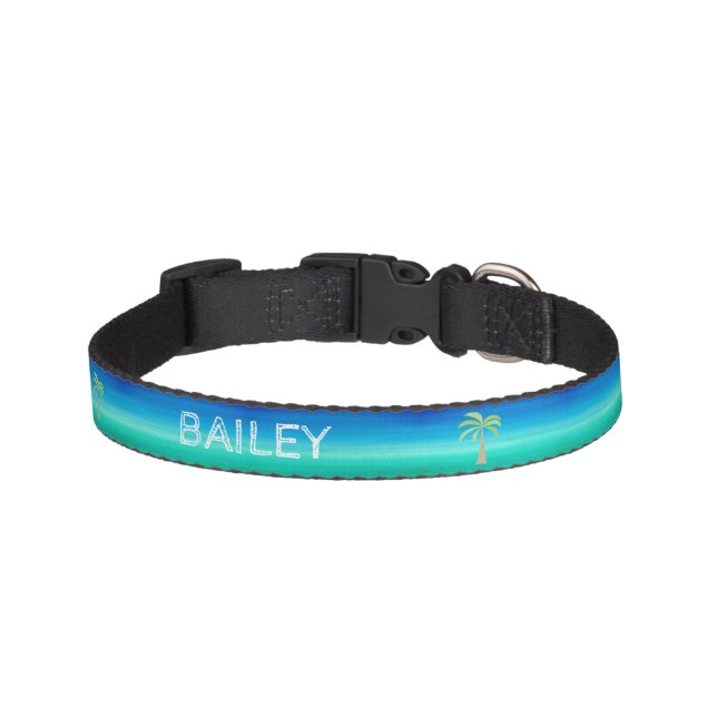Beachy Ocean Blue Green Tropical Palm Trees Pet Collar (Front)