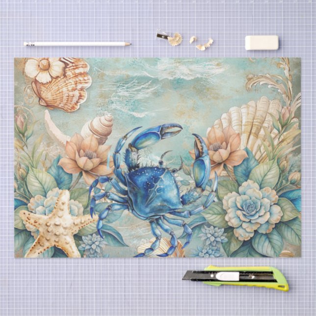 Beachy Pastel  Blue Crab & Shells Decoupage  Tissue Paper (Craft)