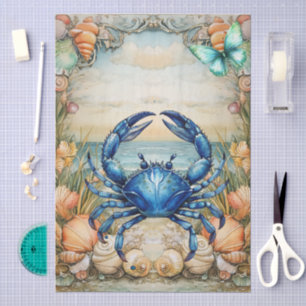 Beachy Pastel Floral Blue Crab & Shells Decoupage Tissue Paper