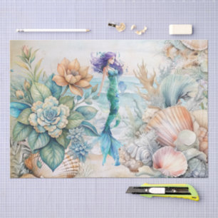 Beachy Pastel Floral Mermaid & Shells Decoupage Tissue Paper