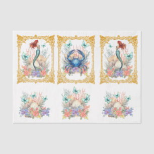 Beachy Pastel Floral Mermaid & Shells Decoupage Tissue Paper