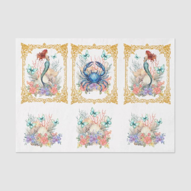 Beachy Pastel  Floral Mermaid & Shells Decoupage Tissue Paper (Front)