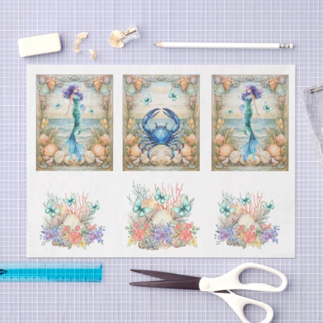 Beachy Pastel  Floral Mermaid & Shells Decoupage  Tissue Paper (Craft)