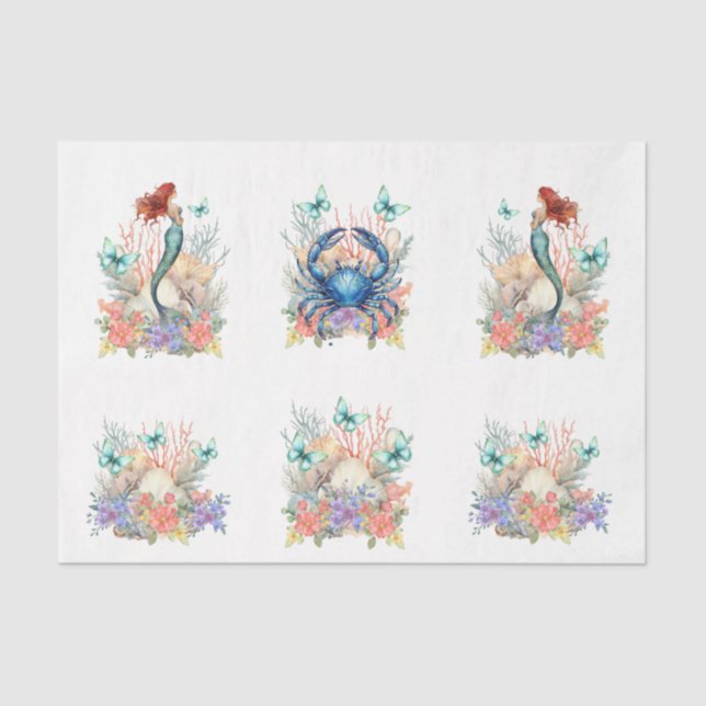 Beachy Pastel  Floral Mermaid & Shells Decoupage Tissue Paper (Front)