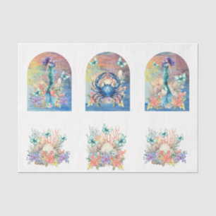 Beachy Pastel Floral Mermaid & Shells Decoupage Tissue Paper