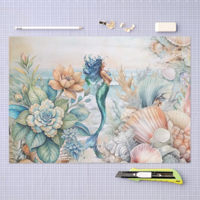 Beachy Pastel  Floral Mermaid & Shells Decoupage  Tissue Paper (Craft)