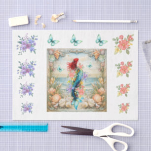 Beachy Pastel Floral Mermaid & Shells Decoupage Tissue Paper