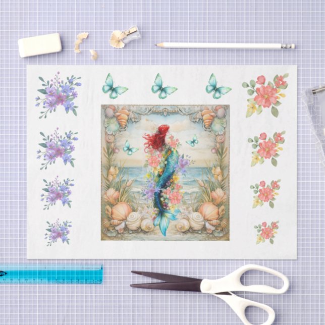 Beachy Pastel  Floral Mermaid & Shells Decoupage  Tissue Paper (Craft)