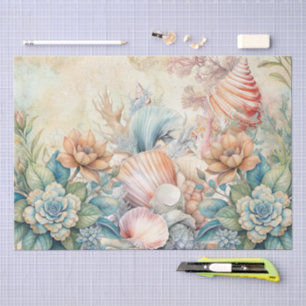 Beachy Pastel Floral Seashells Decoupage  Tissue Paper