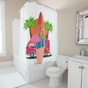 Beachy Retro Surf Theme with Flamingo Shower Curtain