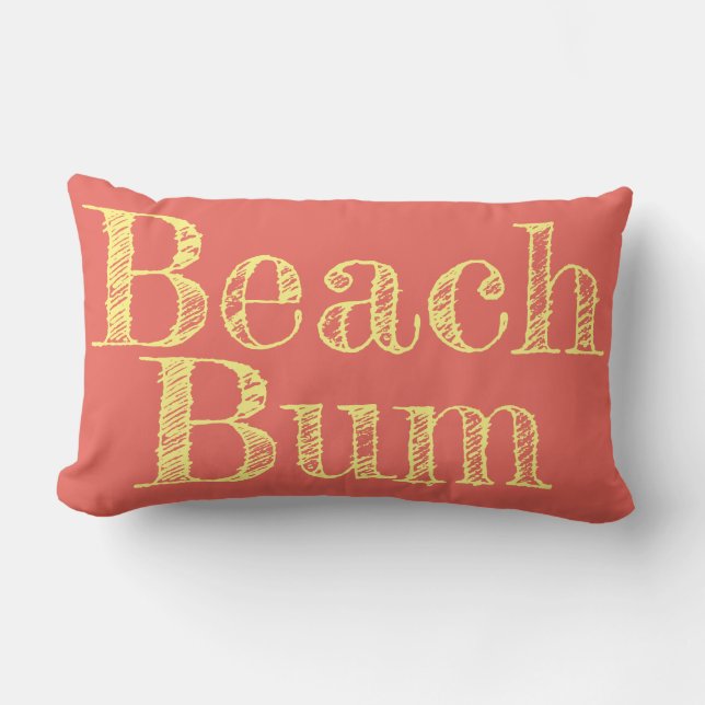 beachy salmon and yellow BEACH BUM typography Lumbar Pillow (Front)