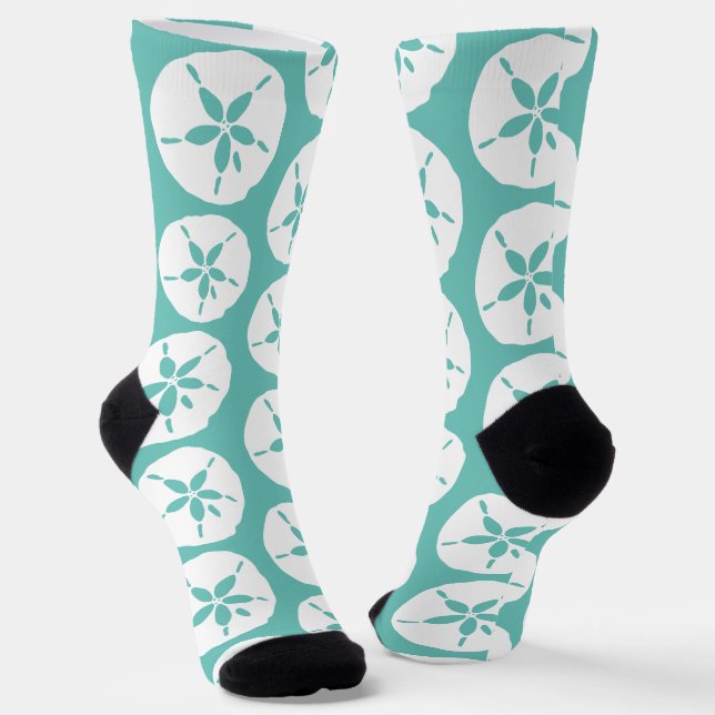 Beachy Sand Dollar Seashells Blue Beach Wedding Socks (Angled)