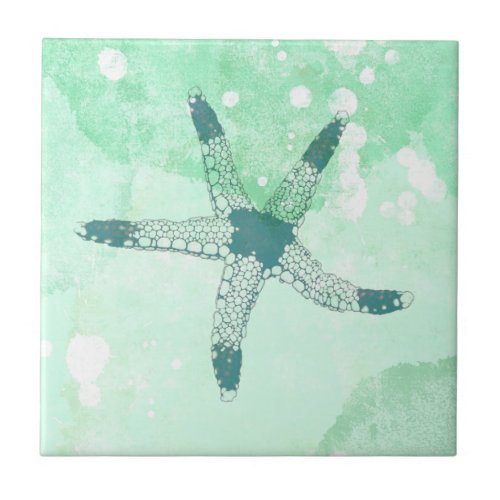Beachy Starfish Blue Watercolor Ceramic Tile