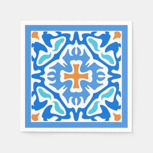 Beachy Summer Blue Spanish Tile with Orange Accent Paper Napkins