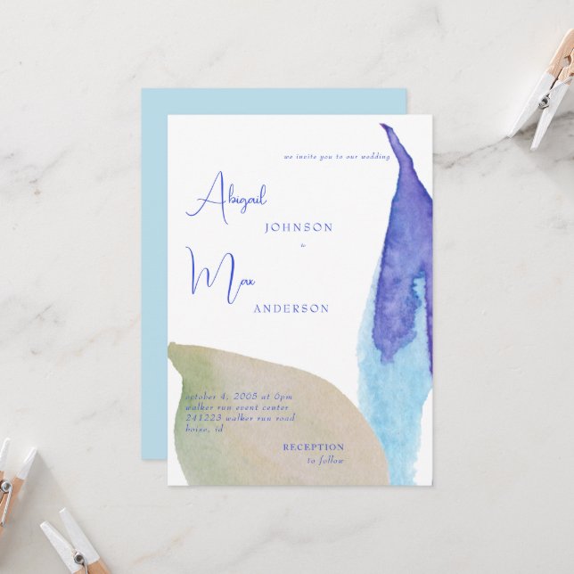 Beachy Vibes Artsy Blue & Tan Wedding Invitation (Front/Back In Situ)