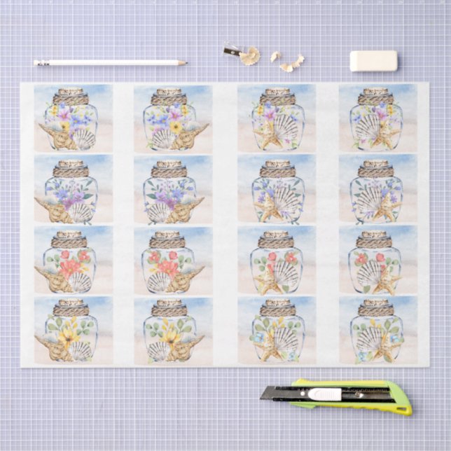 Beachy Watercolor Florals & Seashells Decoupage  Tissue Paper (Craft)