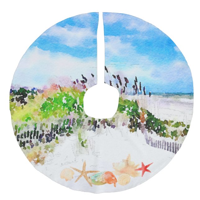 Beachy Watercolor Ocean and Shells Faux Linen Tree Skirt (Front)
