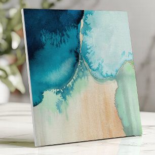 Beachy Watercolor Ocean Blue and Sand  Ceramic Tile
