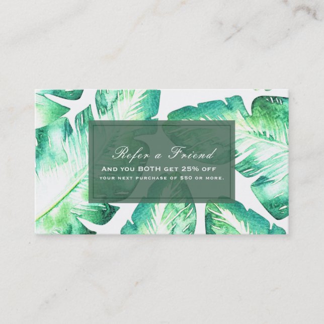 Beachy White Green Tropical Leaves Refer a Friend Referral Card (Front)