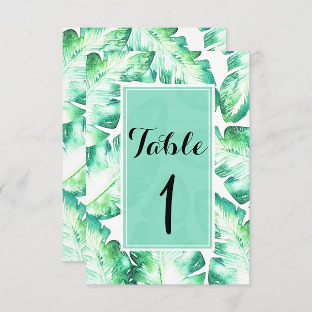 Beachy White & Green Tropical Leaves Table Number (Front/Back)
