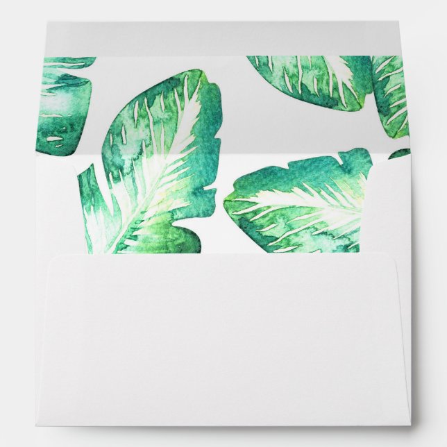Beachy White & Green Tropical Leaves Wedding Envelope (Back (Bottom))
