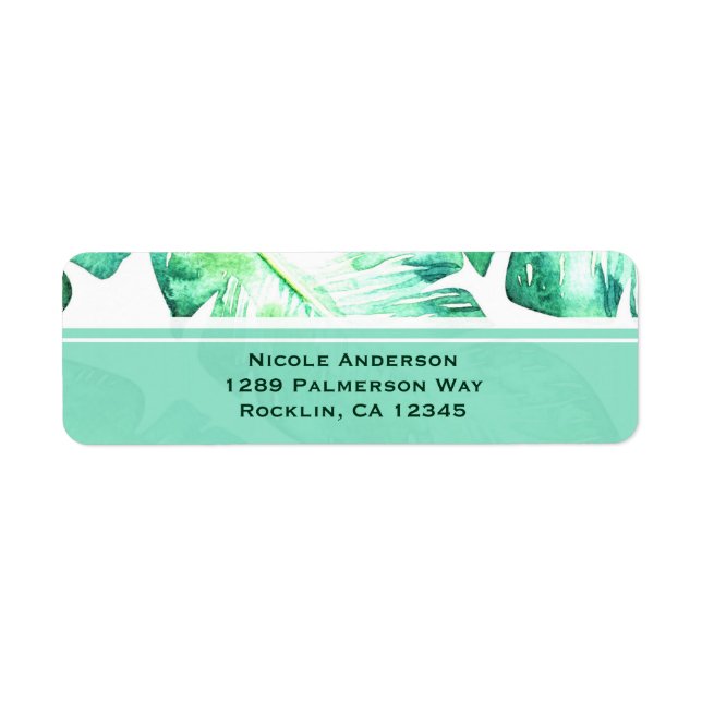 Beachy White & Green Tropical Leaves Wedding Label (Front)