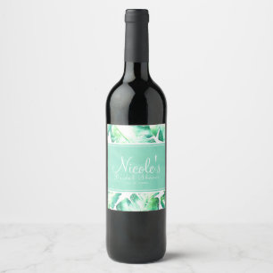 Beachy White & Green Tropical Leaves Wedding Wine Label