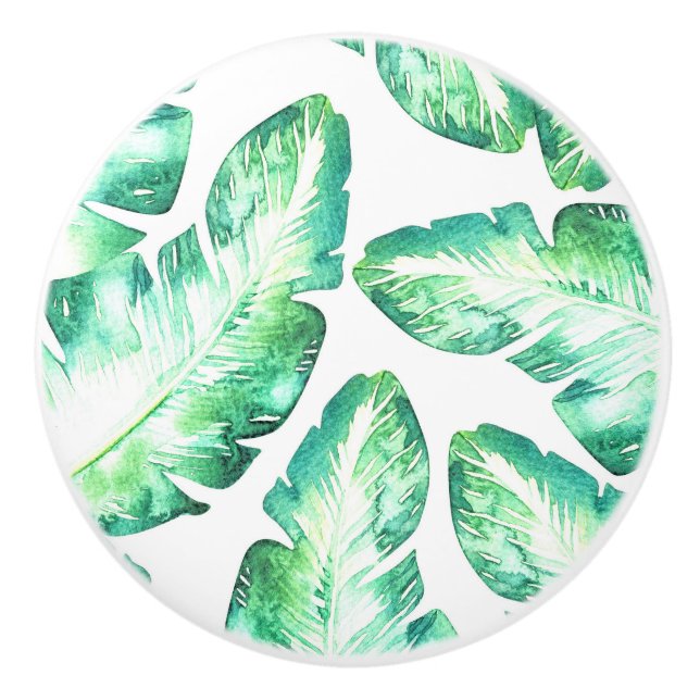 Beachy White & Green Tropical Palm Leaves Ceramic Knob (Front)