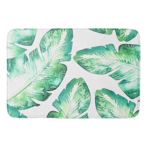 Beachy White  Green Tropical Palm Leaves Chic Bath Mat