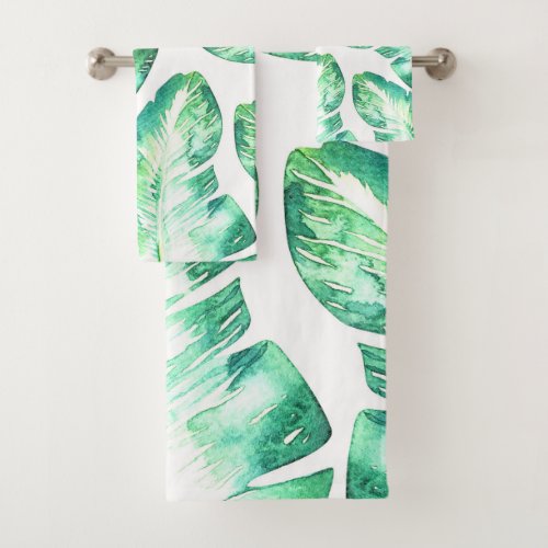 Beachy White  Green Tropical Palm Leaves Chic Bath Towel Set