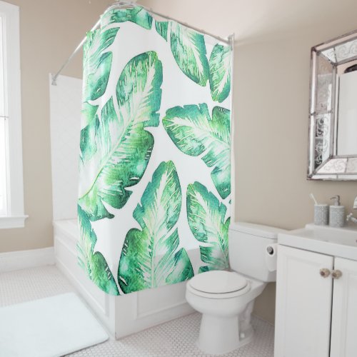 Beachy White  Green Tropical Palm Leaves Chic Shower Curtain