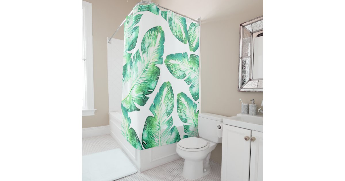 Beachy White Green Tropical Palm Leaves Chic Shower Curtain