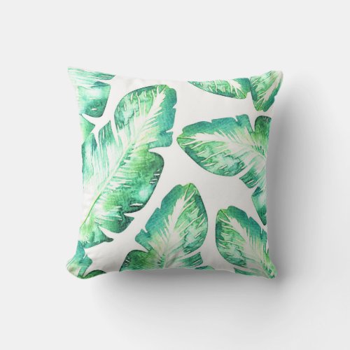 Beachy White  Green Tropical Palm Leaves Chic Throw Pillow