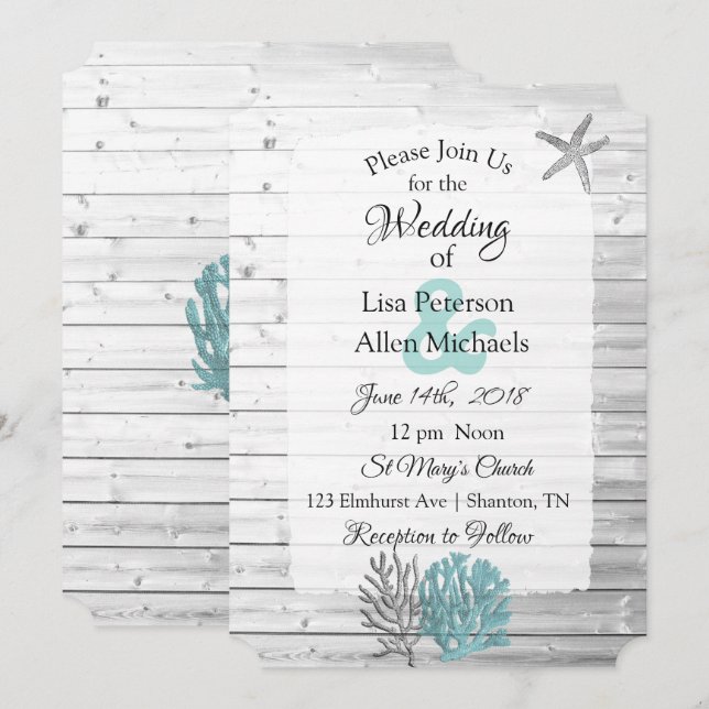 Beachy White Washed Wood  Wedding invitations (Front/Back)