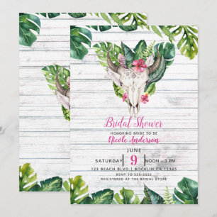 Beachy Wood Boho Skull Tropical Floral Leaves Invitation