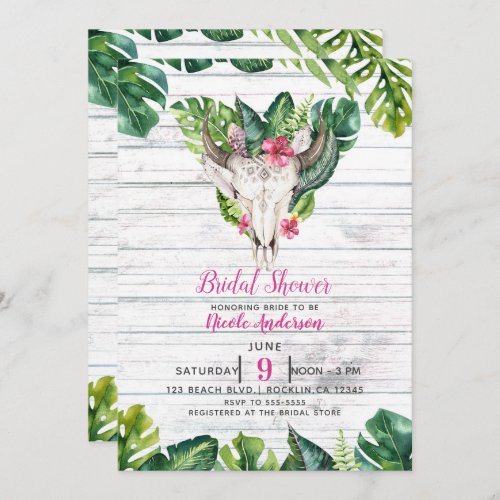 Beachy Wood Boho Skull Tropical Floral Leaves Invitation