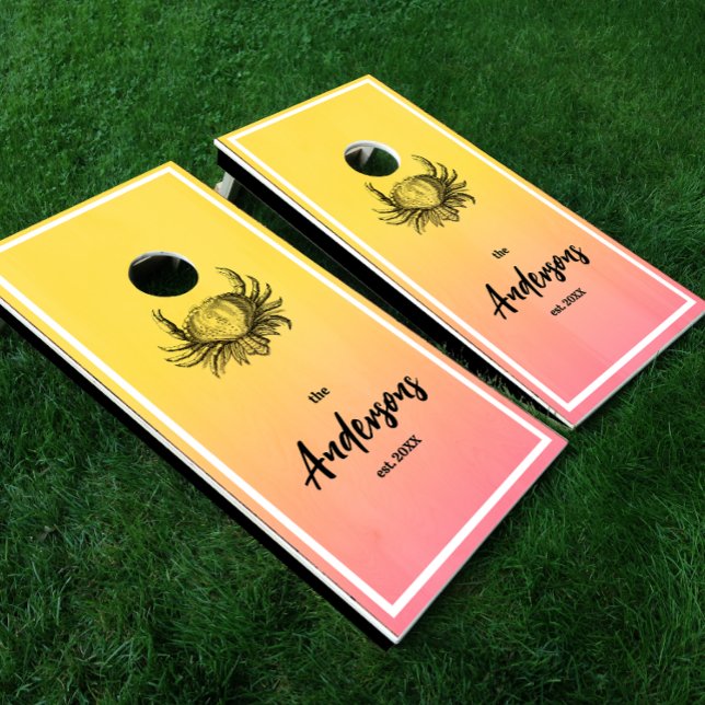 Beachy Yellow Pink Twilight Gradient Crab Cornhole Set (Creator Uploaded)