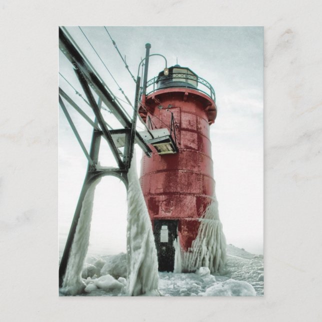 Beacon Frozen Red South Haven Lighthouse Winter Postcard (Front)